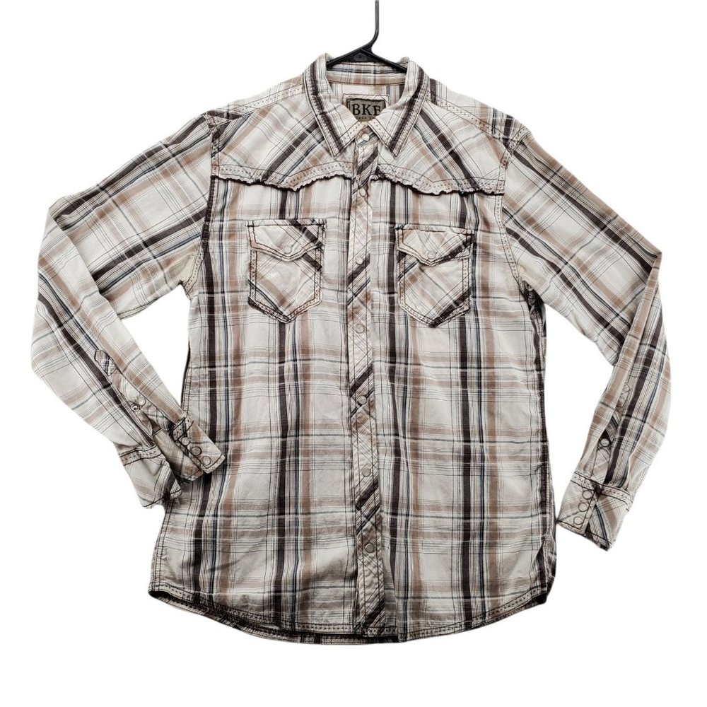 BKE Shirt Men's Long Sleeve Pearl Snap Up Striped Tan White Large*Western